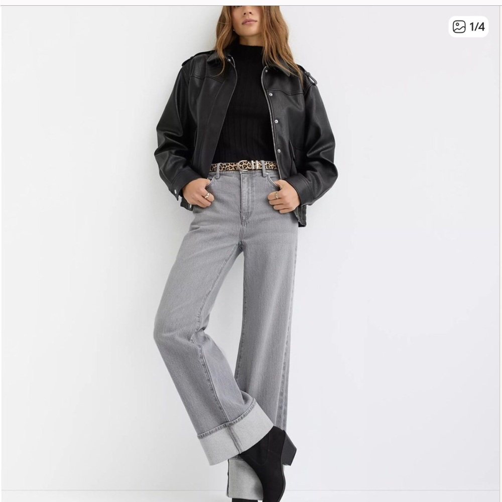 LOFT Light Gray High-Rise Wide Leg Jeans with Turned Cuff 2/26